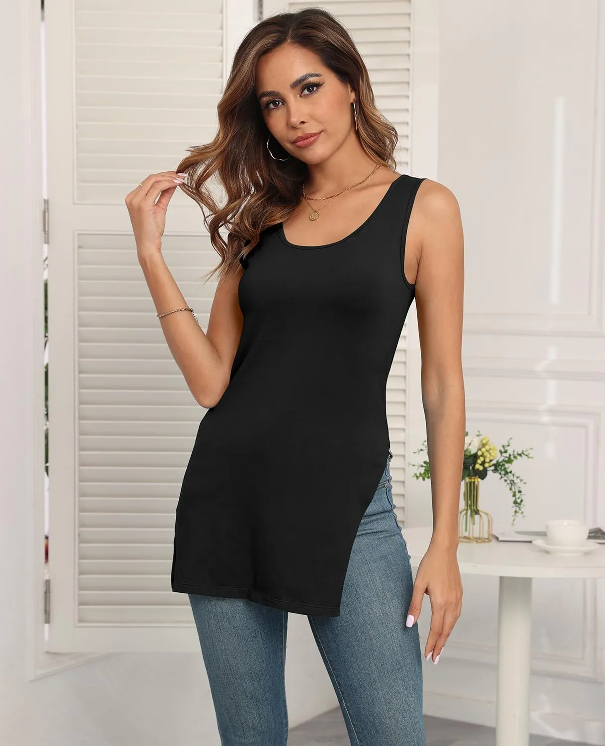 Pima Cotton Long Tank Tops for Women Sleeveless Summer Camisoles Tunic Side Slit 1/2 Pack