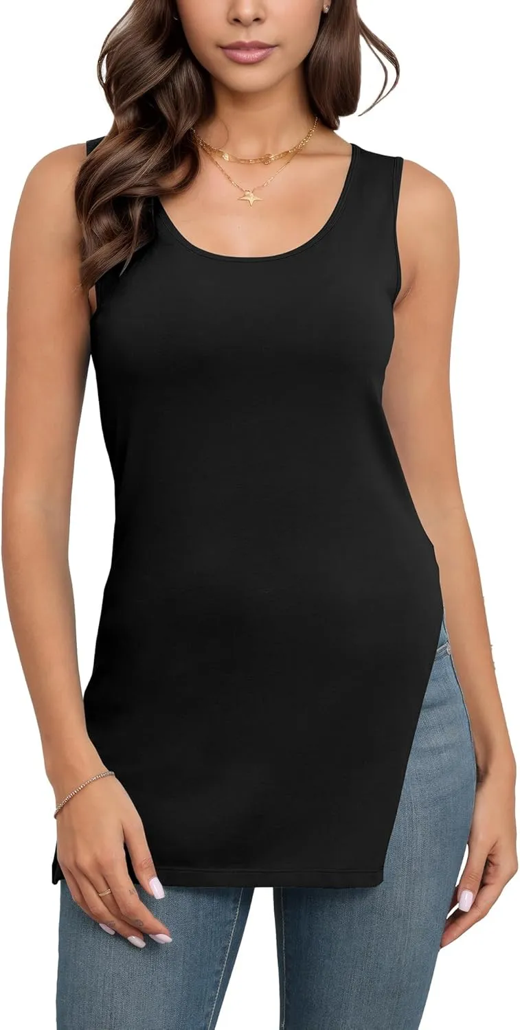 Pima Cotton Long Tank Tops for Women Sleeveless Summer Camisoles Tunic Side Slit 1/2 Pack
