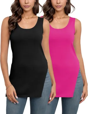 Pima Cotton Long Tank Tops for Women Sleeveless Summer Camisoles Tunic Side Slit 1/2 Pack