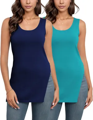 Pima Cotton Long Tank Tops for Women Sleeveless Summer Camisoles Tunic Side Slit 1/2 Pack