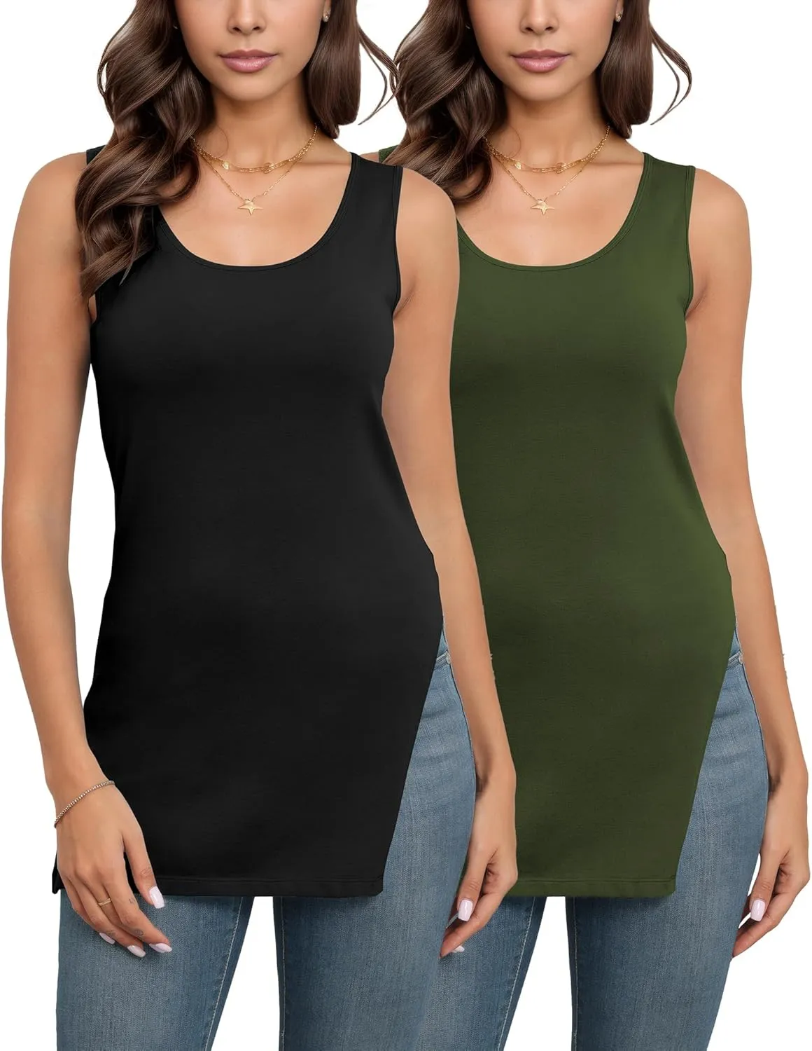 Pima Cotton Long Tank Tops for Women Sleeveless Summer Camisoles Tunic Side Slit 1/2 Pack