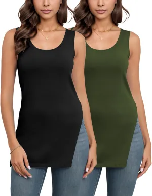 Pima Cotton Long Tank Tops for Women Sleeveless Summer Camisoles Tunic Side Slit 1/2 Pack