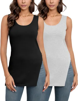 Pima Cotton Long Tank Tops for Women Sleeveless Summer Camisoles Tunic Side Slit 1/2 Pack
