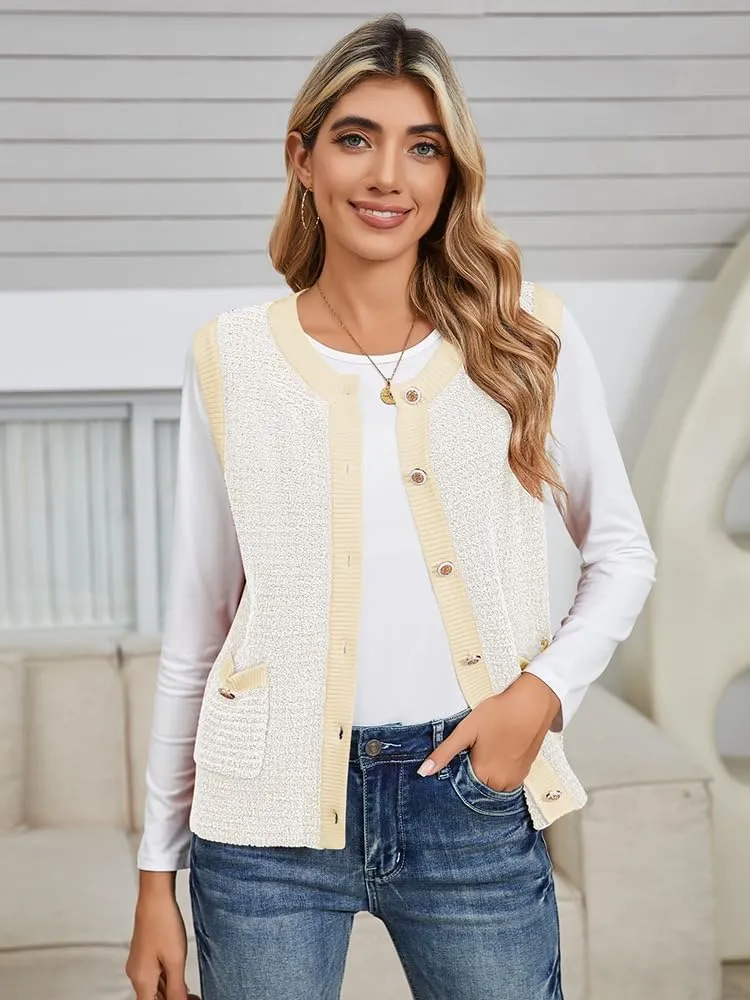 Pink Queen Women's Sweater Vest 2024 Sleeveless Knit Crewneck Button Down Tank Tops Fashion Casual Loose Summer Cardigans