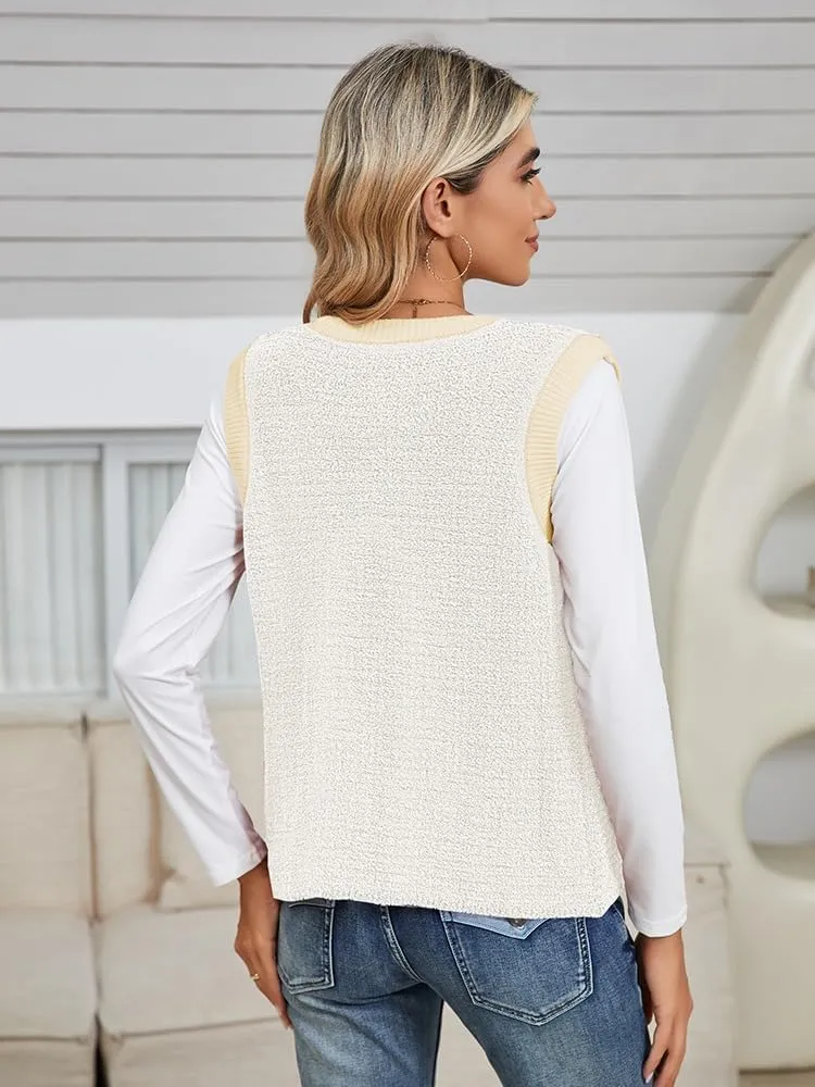 Pink Queen Women's Sweater Vest 2024 Sleeveless Knit Crewneck Button Down Tank Tops Fashion Casual Loose Summer Cardigans