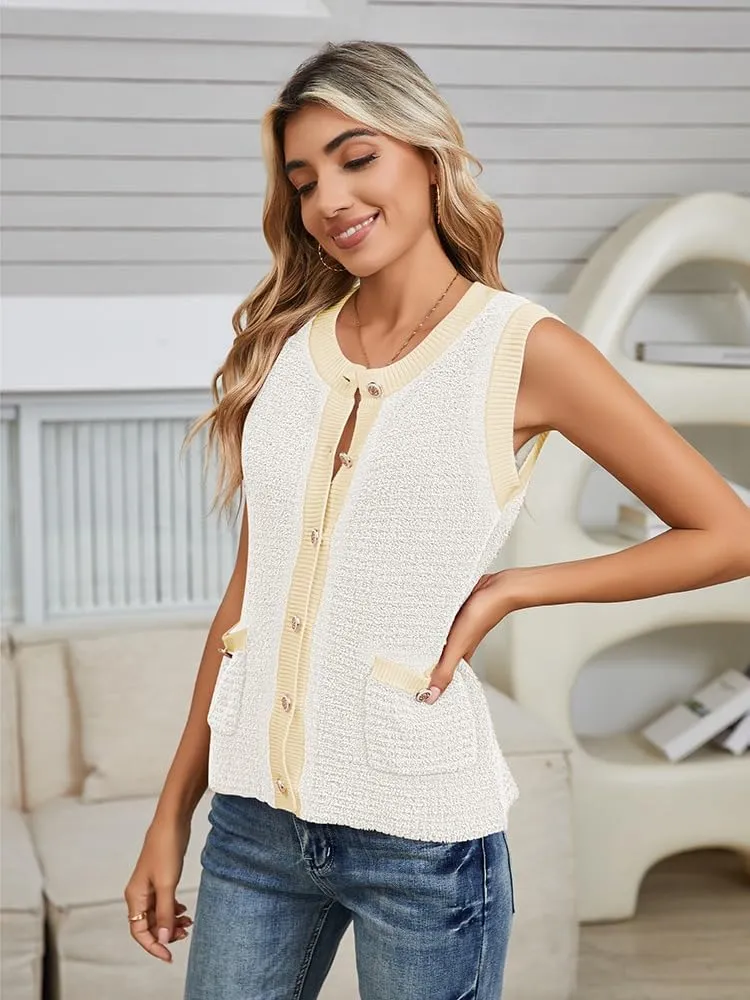Pink Queen Women's Sweater Vest 2024 Sleeveless Knit Crewneck Button Down Tank Tops Fashion Casual Loose Summer Cardigans