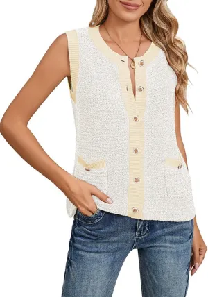 Pink Queen Women's Sweater Vest 2024 Sleeveless Knit Crewneck Button Down Tank Tops Fashion Casual Loose Summer Cardigans