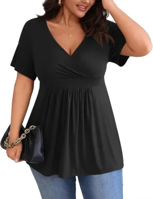POSESHE Womens Plus Size Tops 2025 Summer Short Sleeves Tunic Tops Casual V-Neck Wrap Shirts Cute Dressy Work Blouses L-4XL
