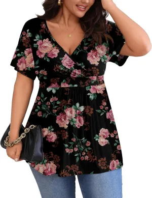 POSESHE Womens Plus Size Tops 2025 Summer Short Sleeves Tunic Tops Casual V-Neck Wrap Shirts Cute Dressy Work Blouses L-4XL