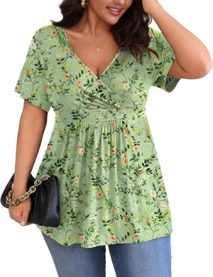 POSESHE Womens Plus Size Tops 2025 Summer Short Sleeves Tunic Tops Casual V-Neck Wrap Shirts Cute Dressy Work Blouses L-4XL