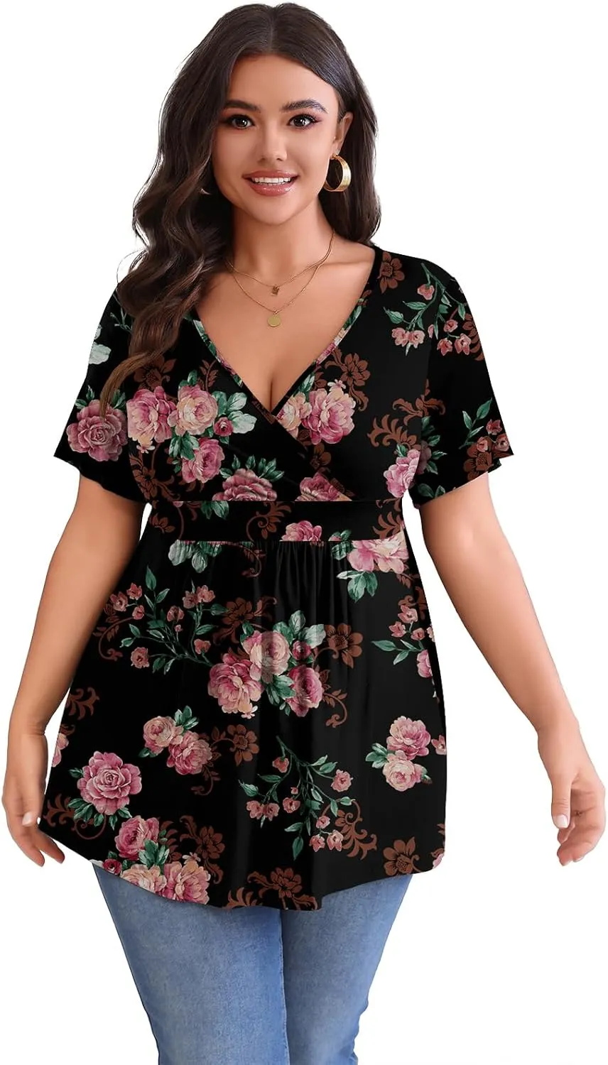 POSESHE Womens Plus Size Tops 2025 Summer Short Sleeves Tunic Tops Casual V-Neck Wrap Shirts Cute Dressy Work Blouses L-4XL