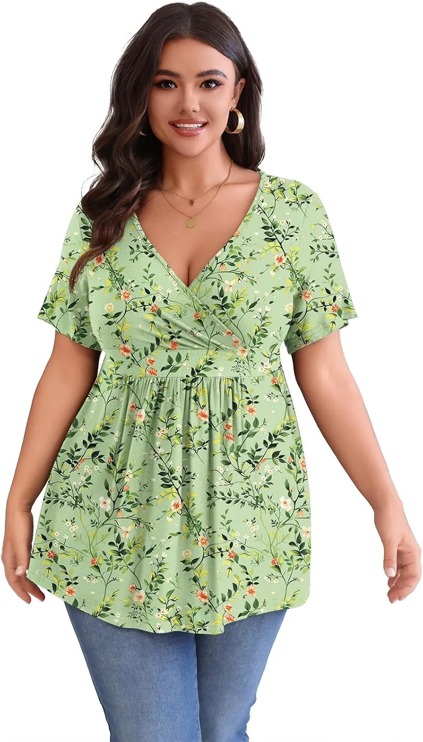 POSESHE Womens Plus Size Tops 2025 Summer Short Sleeves Tunic Tops Casual V-Neck Wrap Shirts Cute Dressy Work Blouses L-4XL