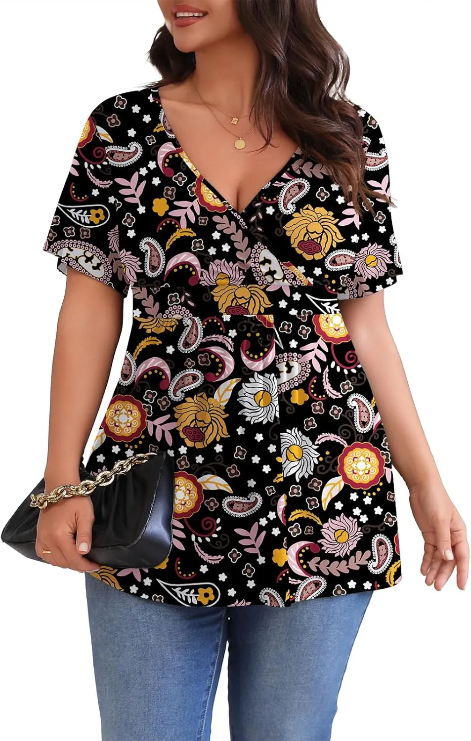 POSESHE Womens Plus Size Tops 2025 Summer Short Sleeves Tunic Tops Casual V-Neck Wrap Shirts Cute Dressy Work Blouses L-4XL