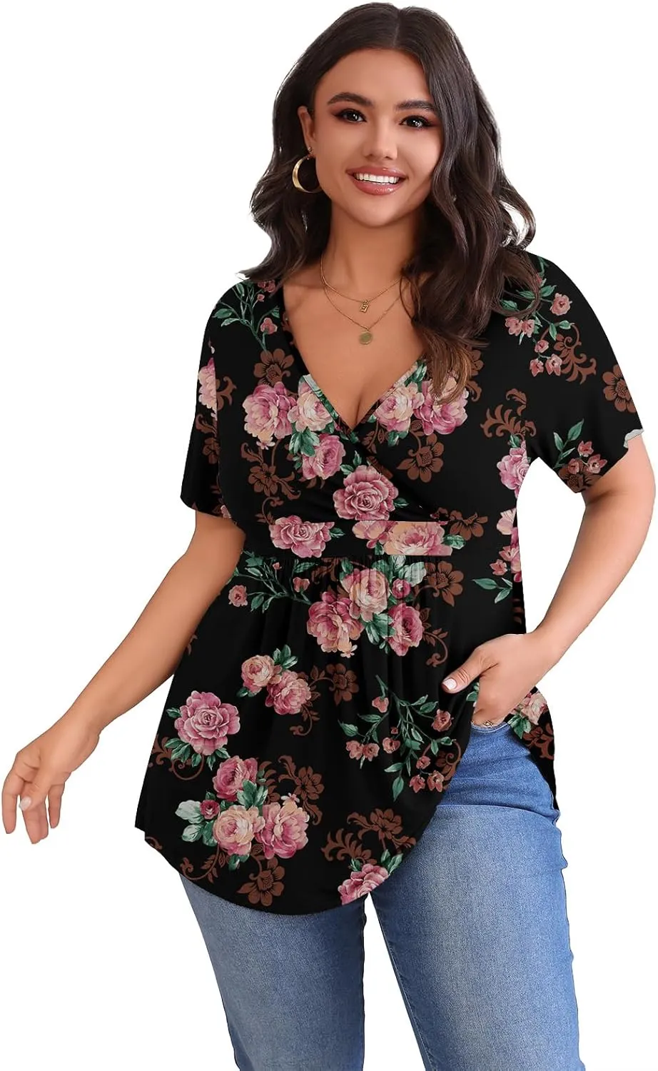 POSESHE Womens Plus Size Tops 2025 Summer Short Sleeves Tunic Tops Casual V-Neck Wrap Shirts Cute Dressy Work Blouses L-4XL