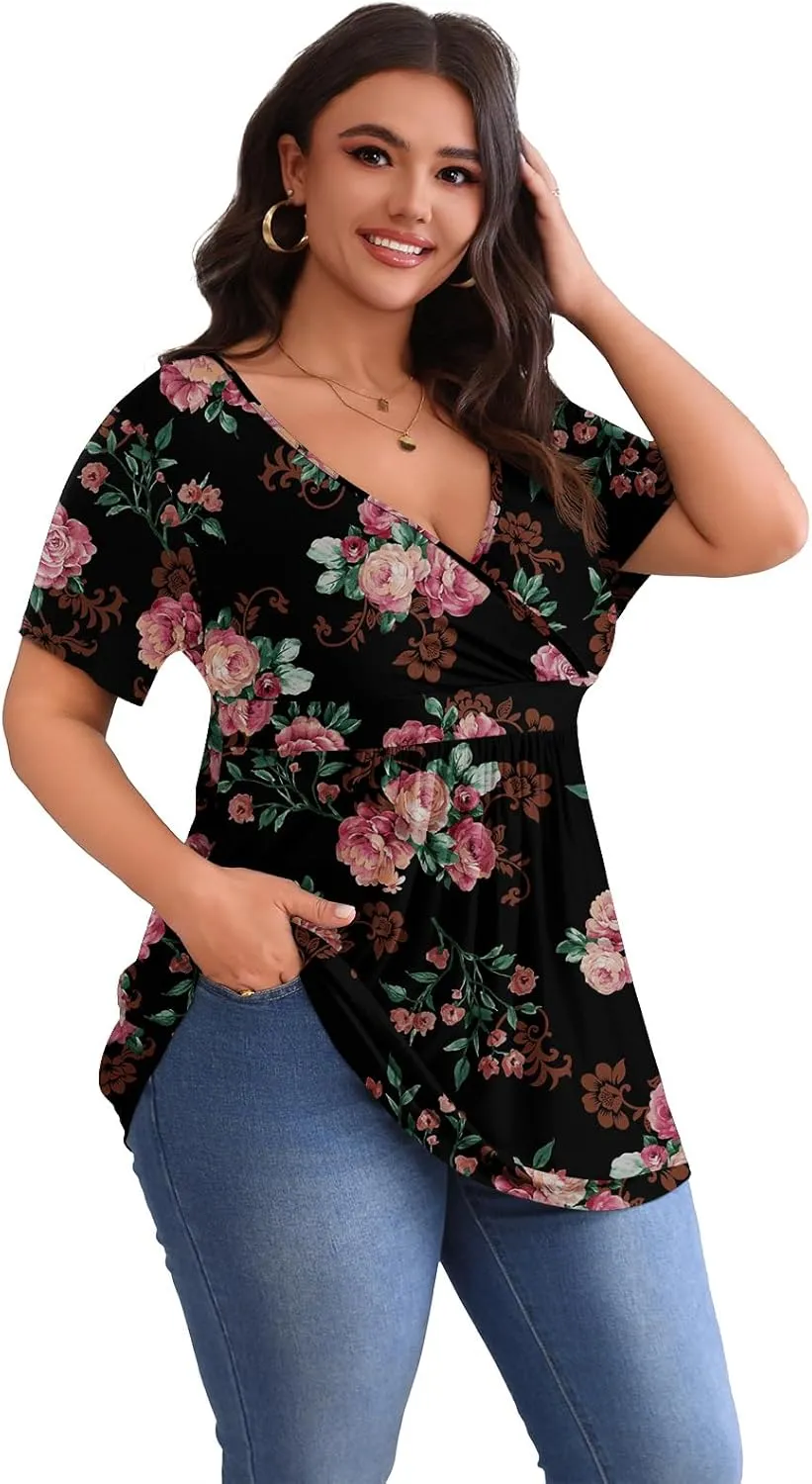 POSESHE Womens Plus Size Tops 2025 Summer Short Sleeves Tunic Tops Casual V-Neck Wrap Shirts Cute Dressy Work Blouses L-4XL