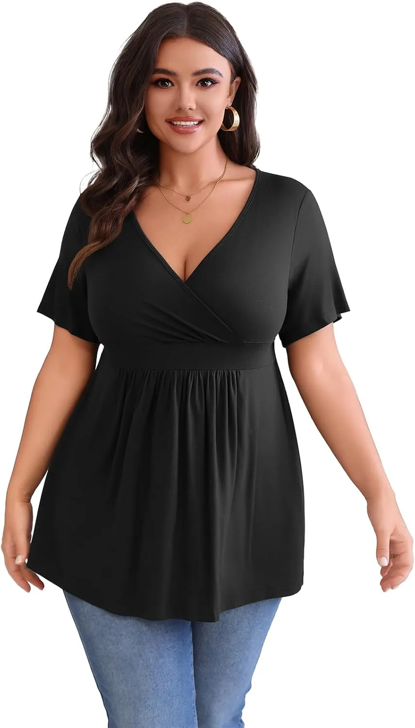 POSESHE Womens Plus Size Tops 2025 Summer Short Sleeves Tunic Tops Casual V-Neck Wrap Shirts Cute Dressy Work Blouses L-4XL