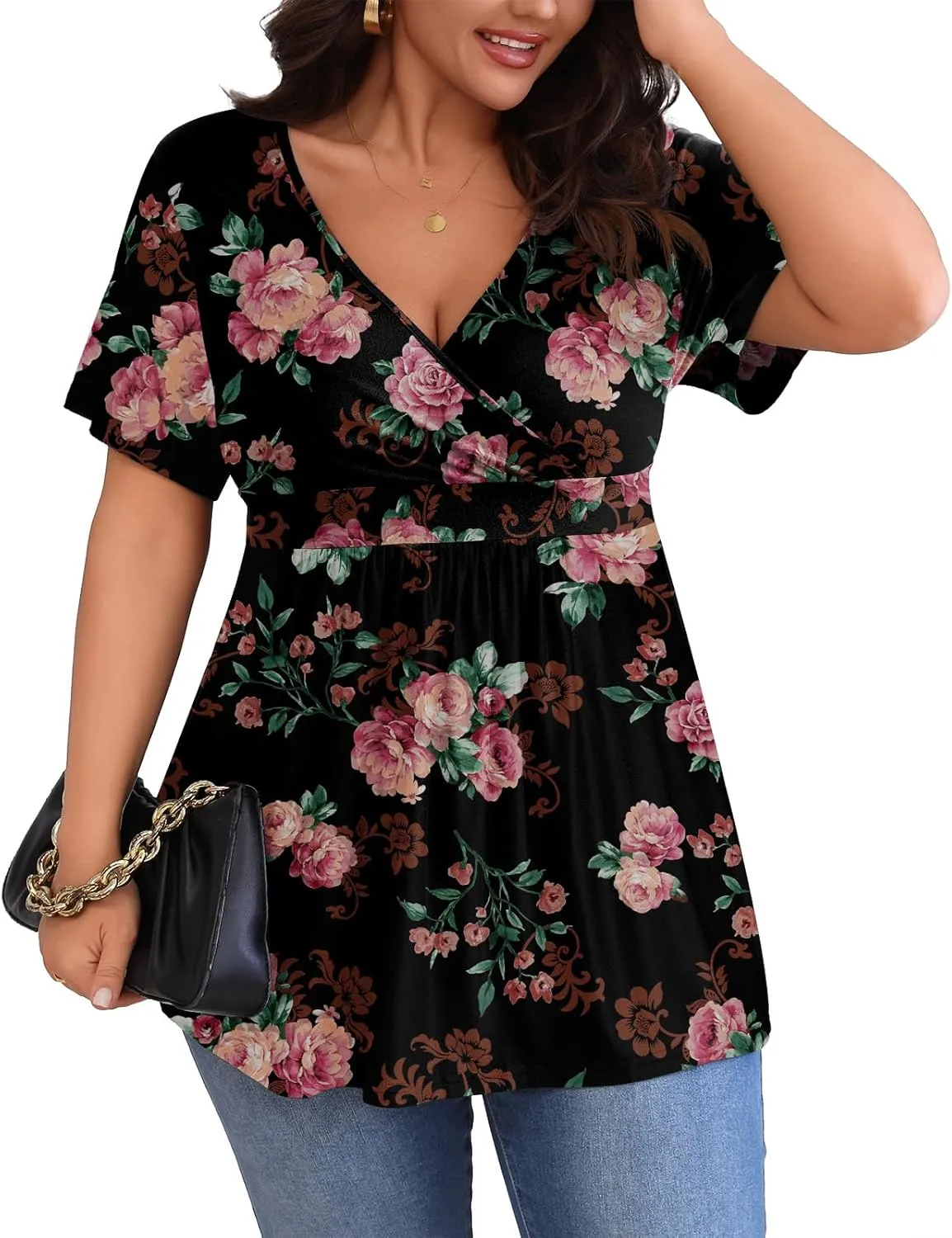 POSESHE Womens Plus Size Tops 2025 Summer Short Sleeves Tunic Tops Casual V-Neck Wrap Shirts Cute Dressy Work Blouses L-4XL