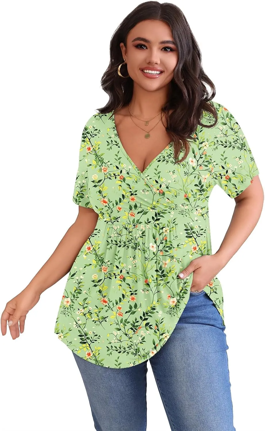 POSESHE Womens Plus Size Tops 2025 Summer Short Sleeves Tunic Tops Casual V-Neck Wrap Shirts Cute Dressy Work Blouses L-4XL