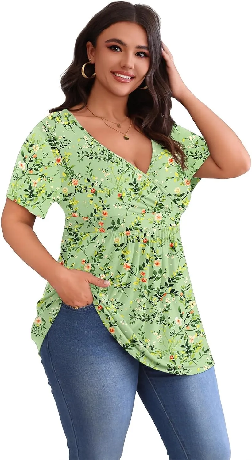 POSESHE Womens Plus Size Tops 2025 Summer Short Sleeves Tunic Tops Casual V-Neck Wrap Shirts Cute Dressy Work Blouses L-4XL
