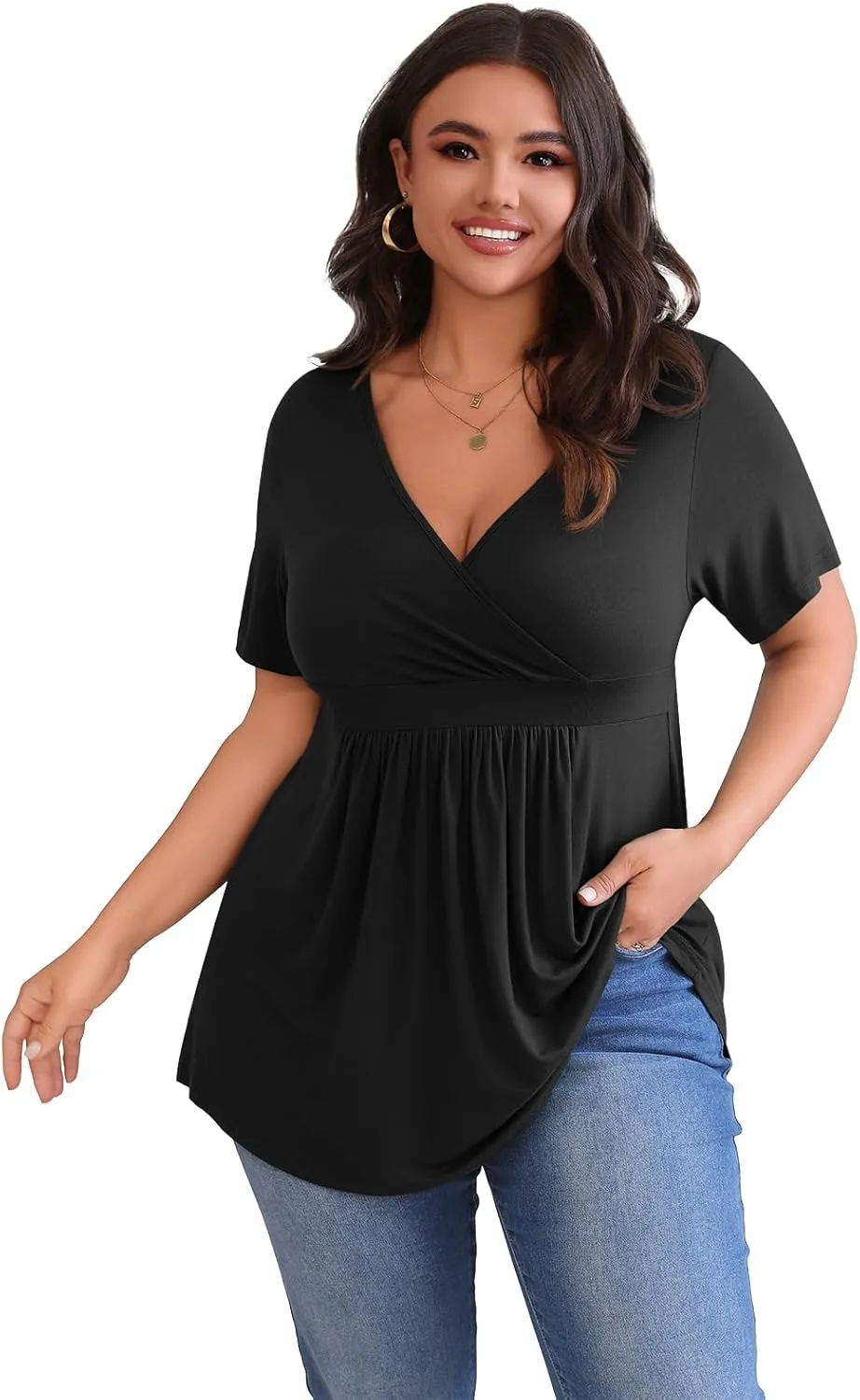 POSESHE Womens Plus Size Tops 2025 Summer Short Sleeves Tunic Tops Casual V-Neck Wrap Shirts Cute Dressy Work Blouses L-4XL