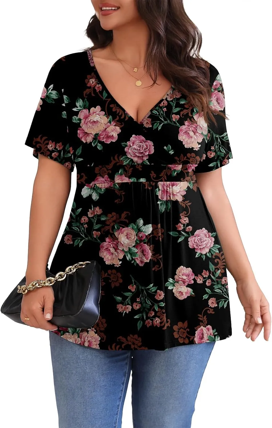 POSESHE Womens Plus Size Tops 2025 Summer Short Sleeves Tunic Tops Casual V-Neck Wrap Shirts Cute Dressy Work Blouses L-4XL