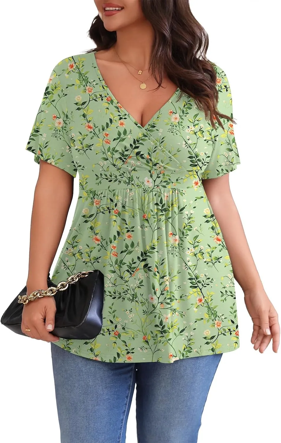 POSESHE Womens Plus Size Tops 2025 Summer Short Sleeves Tunic Tops Casual V-Neck Wrap Shirts Cute Dressy Work Blouses L-4XL