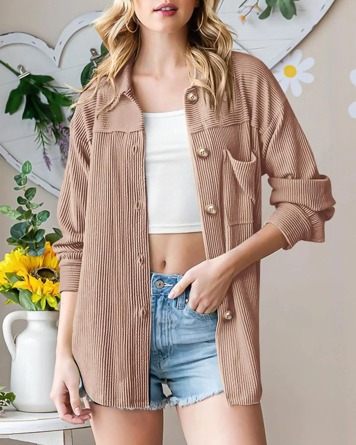 PRETTYGARDEN Women's Tops Casual Button Down Shirts Spring Fashion Long Sleeve Shacket Jacket Loose Texture Knit Blouses