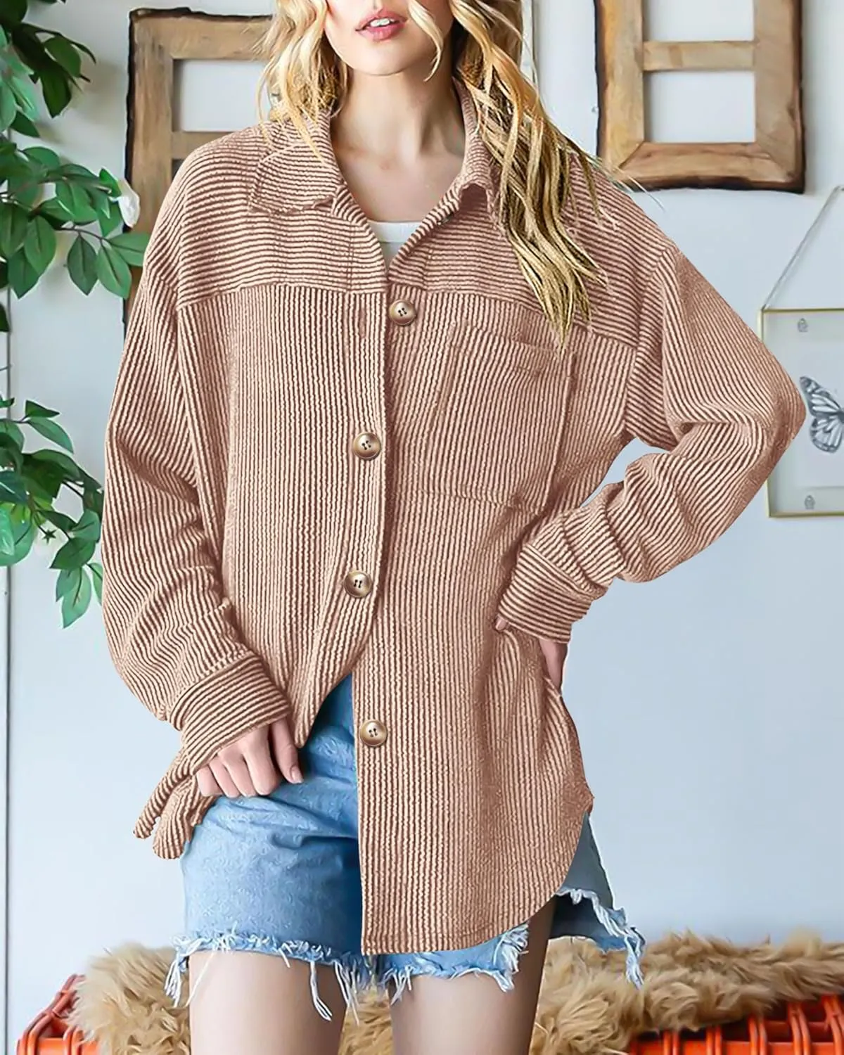 PRETTYGARDEN Women's Tops Casual Button Down Shirts Spring Fashion Long Sleeve Shacket Jacket Loose Texture Knit Blouses
