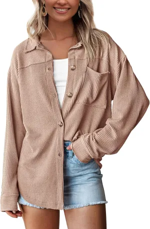 PRETTYGARDEN Women's Tops Casual Button Down Shirts Spring Fashion Long Sleeve Shacket Jacket Loose Texture Knit Blouses