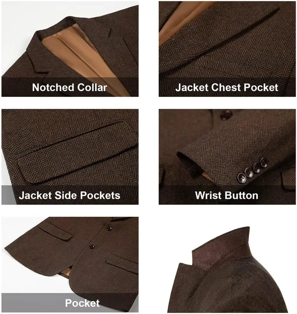 Retro Tweed Men's Suit Jackets Herringbone Slim Fit Sport Coats Blazer Prom Business Casual Men Tux Jacket Wedding Blazers