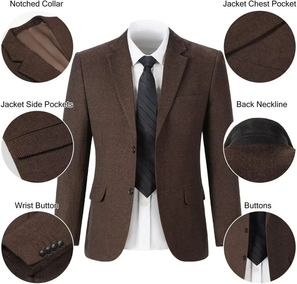 Retro Tweed Men's Suit Jackets Herringbone Slim Fit Sport Coats Blazer Prom Business Casual Men Tux Jacket Wedding Blazers