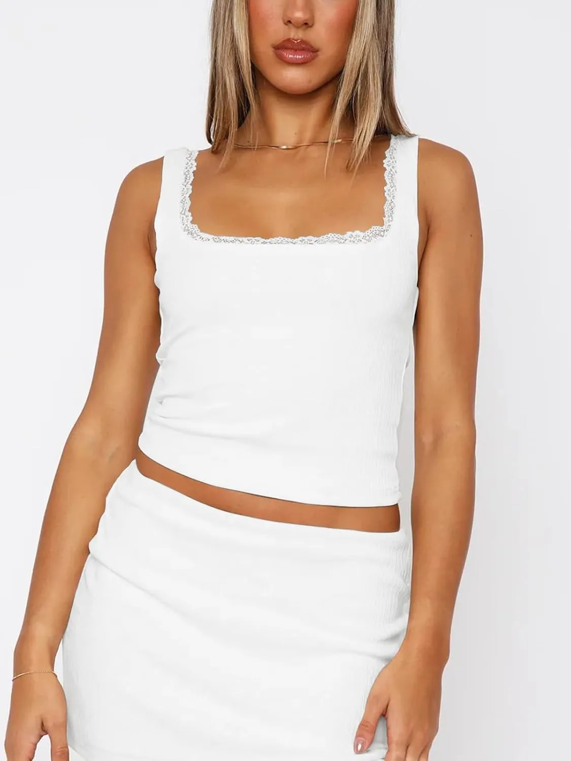 Ribbed Crop Tank Tops for Women Lace Summer Going Out Square Neck Y2k Backless Cute Sleeveless Tops 2025 Trendy Shirt