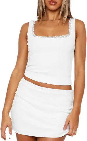 Ribbed Crop Tank Tops for Women Lace Summer Going Out Square Neck Y2k Backless Cute Sleeveless Tops 2025 Trendy Shirt