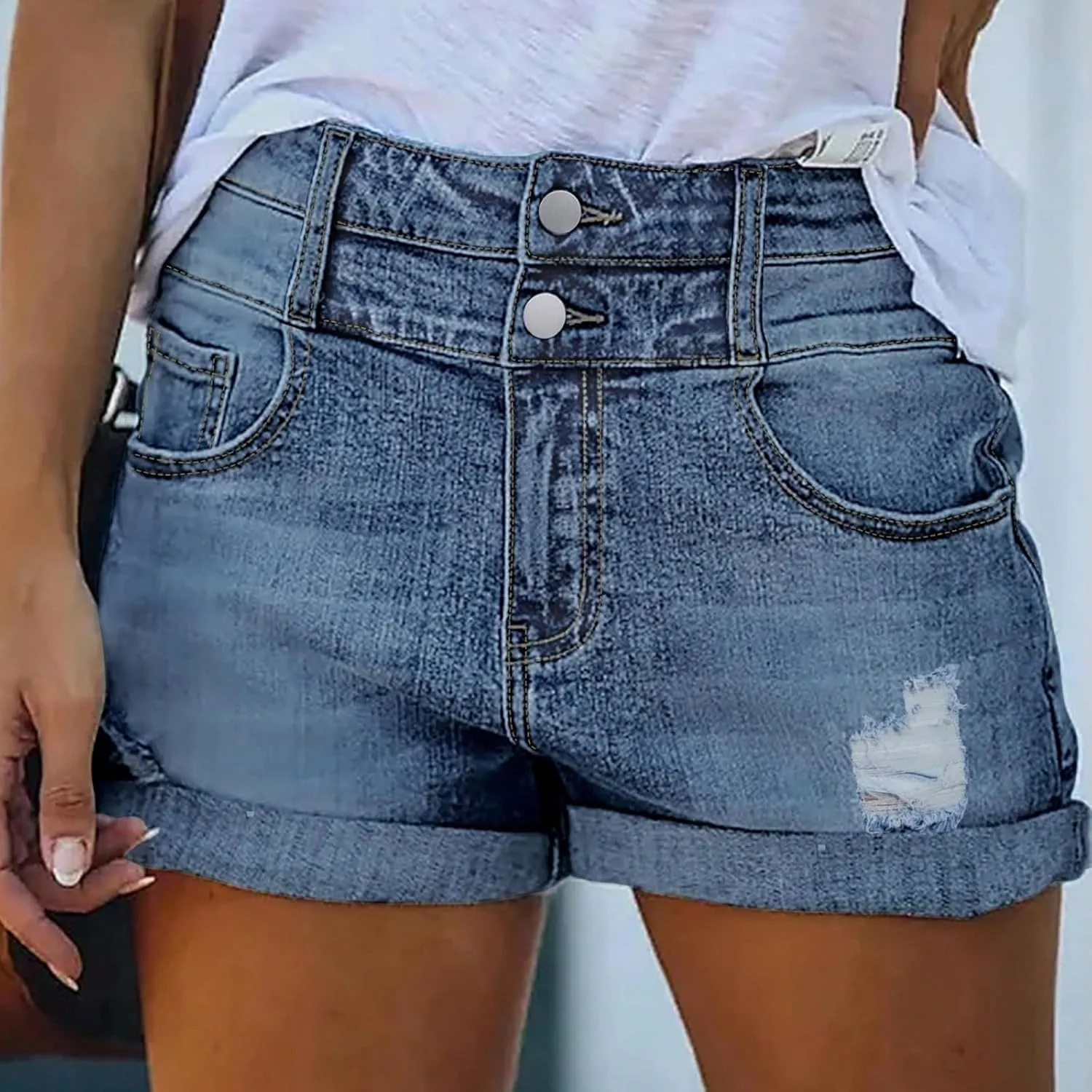 Ripped Jean Shorts Womens Roll Up Stretchy Denim Shorts Summer Low Rise Button Jean Short Casual Blue Jeans
