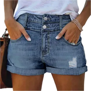 Ripped Jean Shorts Womens Roll Up Stretchy Denim Shorts Summer Low Rise Button Jean Short Casual Blue Jeans