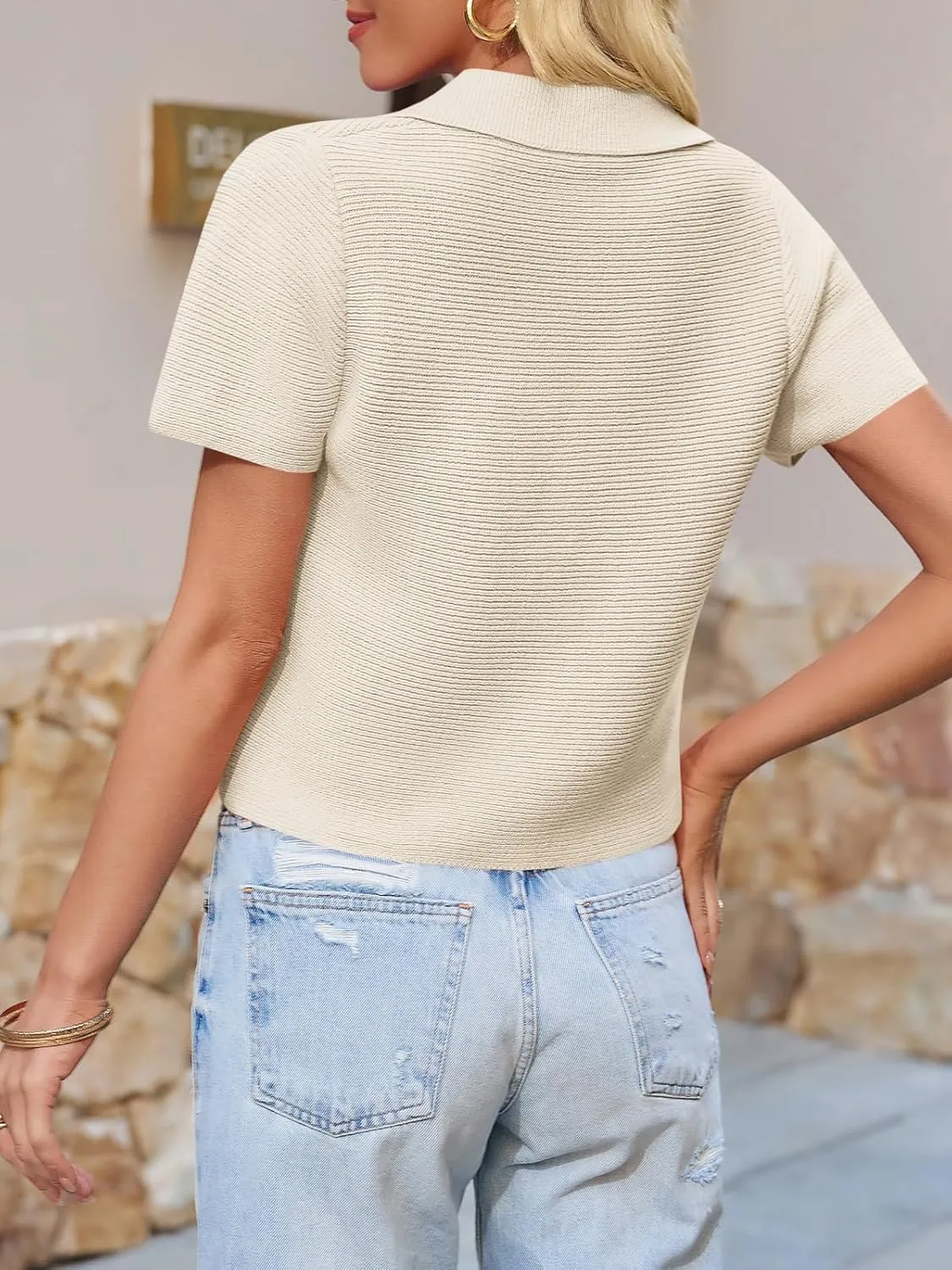 Saodimallsu Womens Short Sleeve Cropped Cardigans Casual Summer Button Down Collared Lightweight Loose Knit Sweater Top