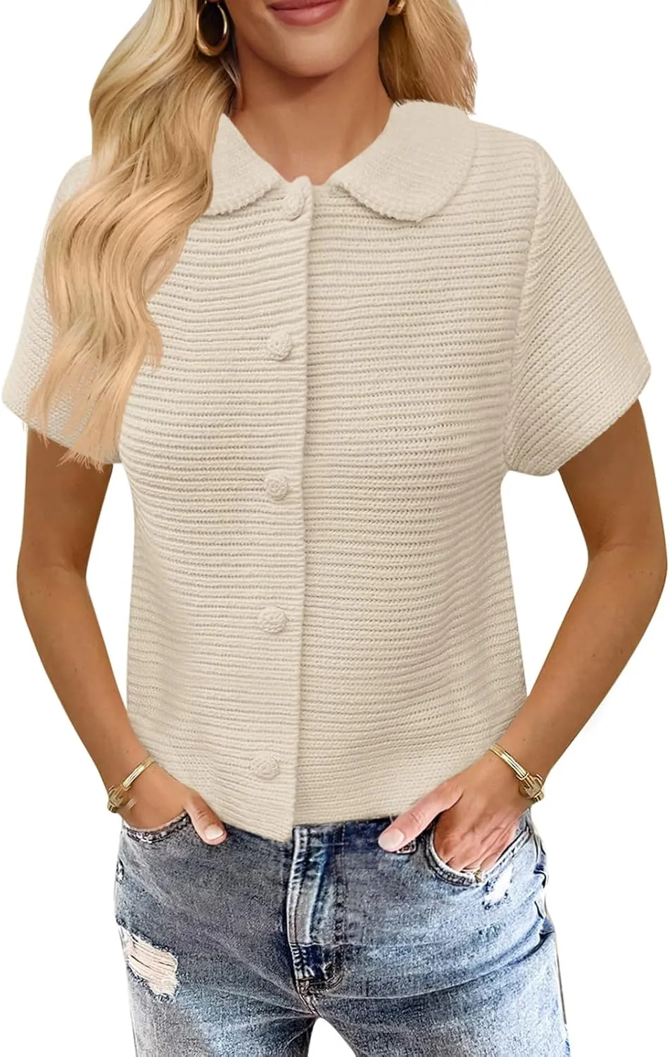 Saodimallsu Womens Short Sleeve Cropped Cardigans Casual Summer Button Down Collared Lightweight Loose Knit Sweater Top