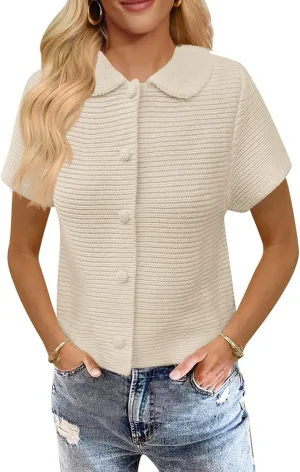 Saodimallsu Womens Short Sleeve Cropped Cardigans Casual Summer Button Down Collared Lightweight Loose Knit Sweater Top