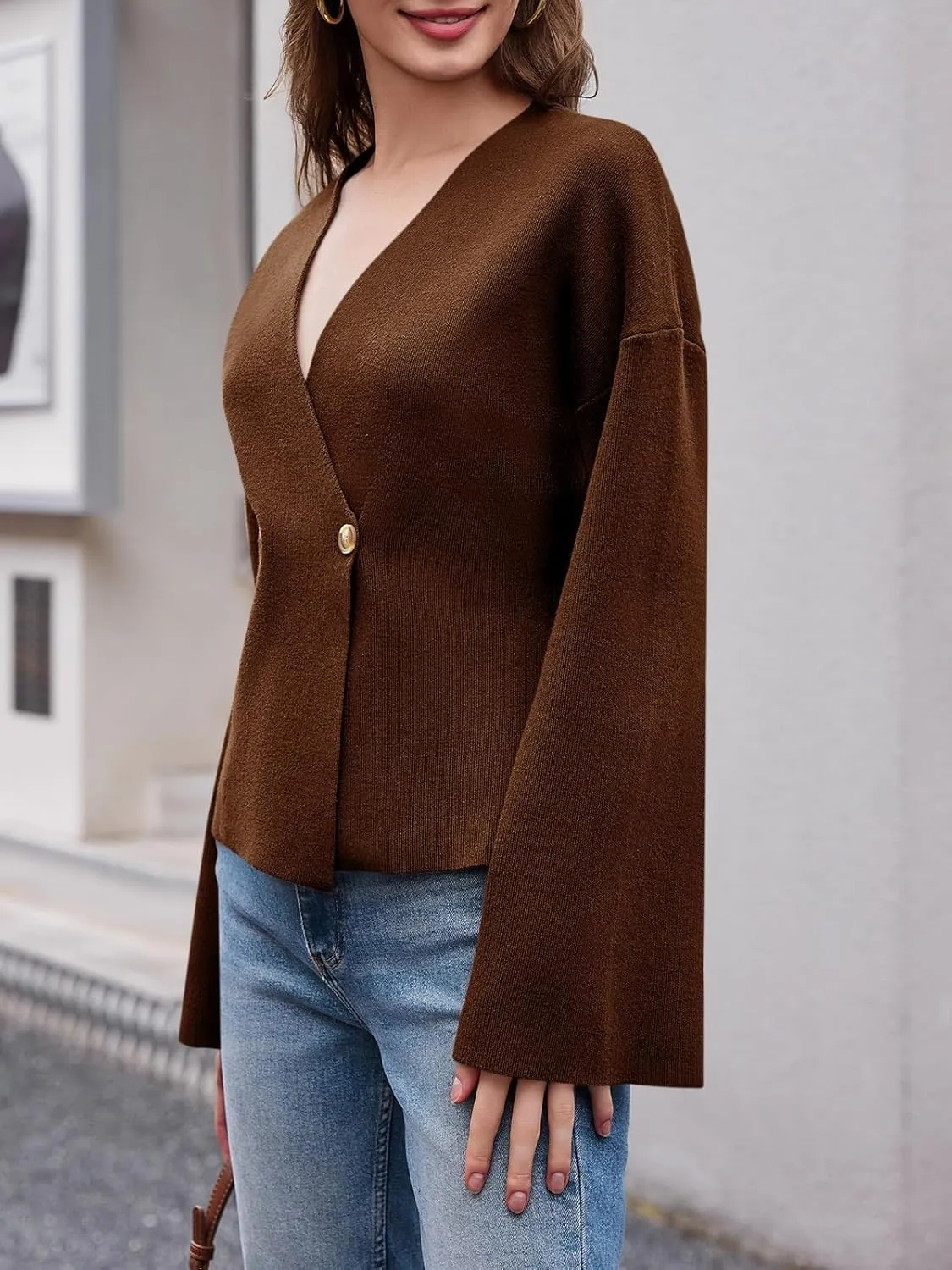 Saodimallsu Womens V Neck Cardigans Long Bell Sleeve Button Down Open Front Loose Knit Fall Sweater Blazer