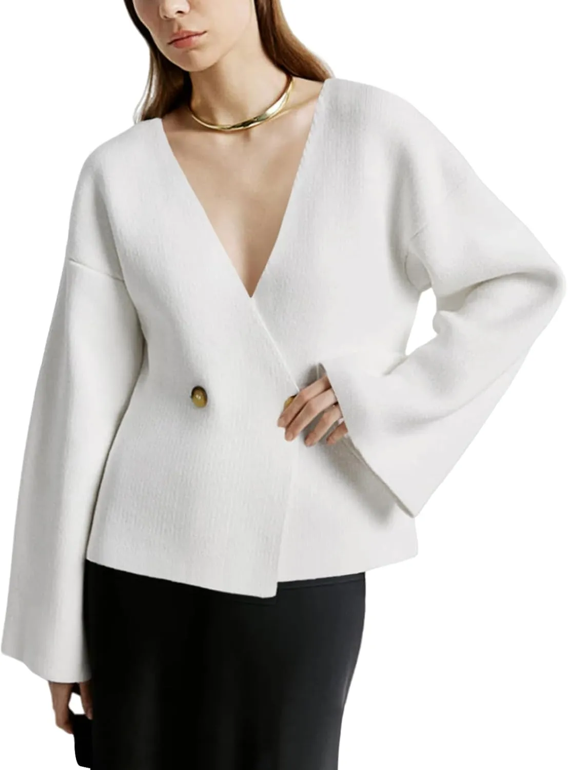 Saodimallsu Womens V Neck Cardigans Long Bell Sleeve Button Down Open Front Loose Knit Fall Sweater Blazer