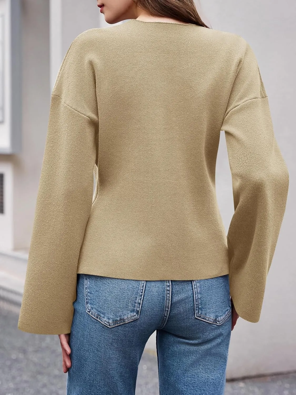 Saodimallsu Womens V Neck Cardigans Long Bell Sleeve Button Down Open Front Loose Knit Fall Sweater Blazer