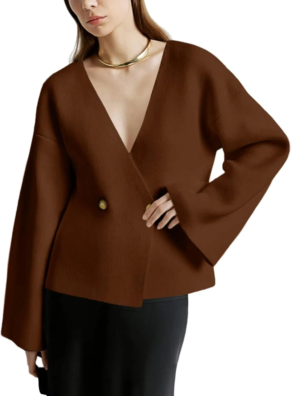 Saodimallsu Womens V Neck Cardigans Long Bell Sleeve Button Down Open Front Loose Knit Fall Sweater Blazer