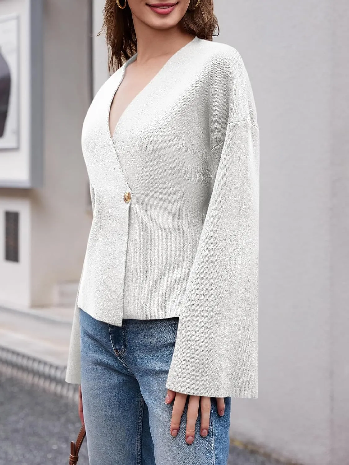 Saodimallsu Womens V Neck Cardigans Long Bell Sleeve Button Down Open Front Loose Knit Fall Sweater Blazer