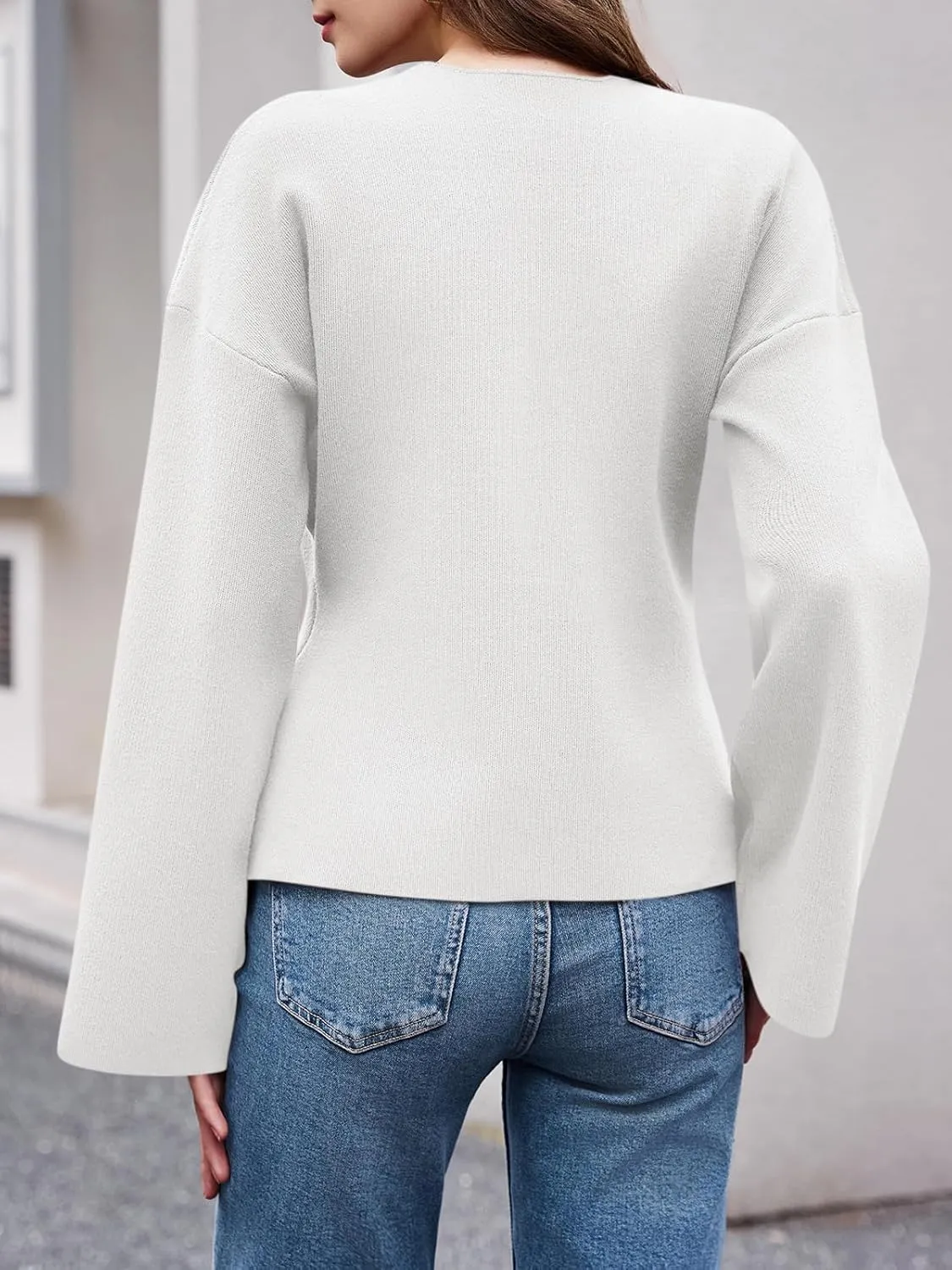 Saodimallsu Womens V Neck Cardigans Long Bell Sleeve Button Down Open Front Loose Knit Fall Sweater Blazer
