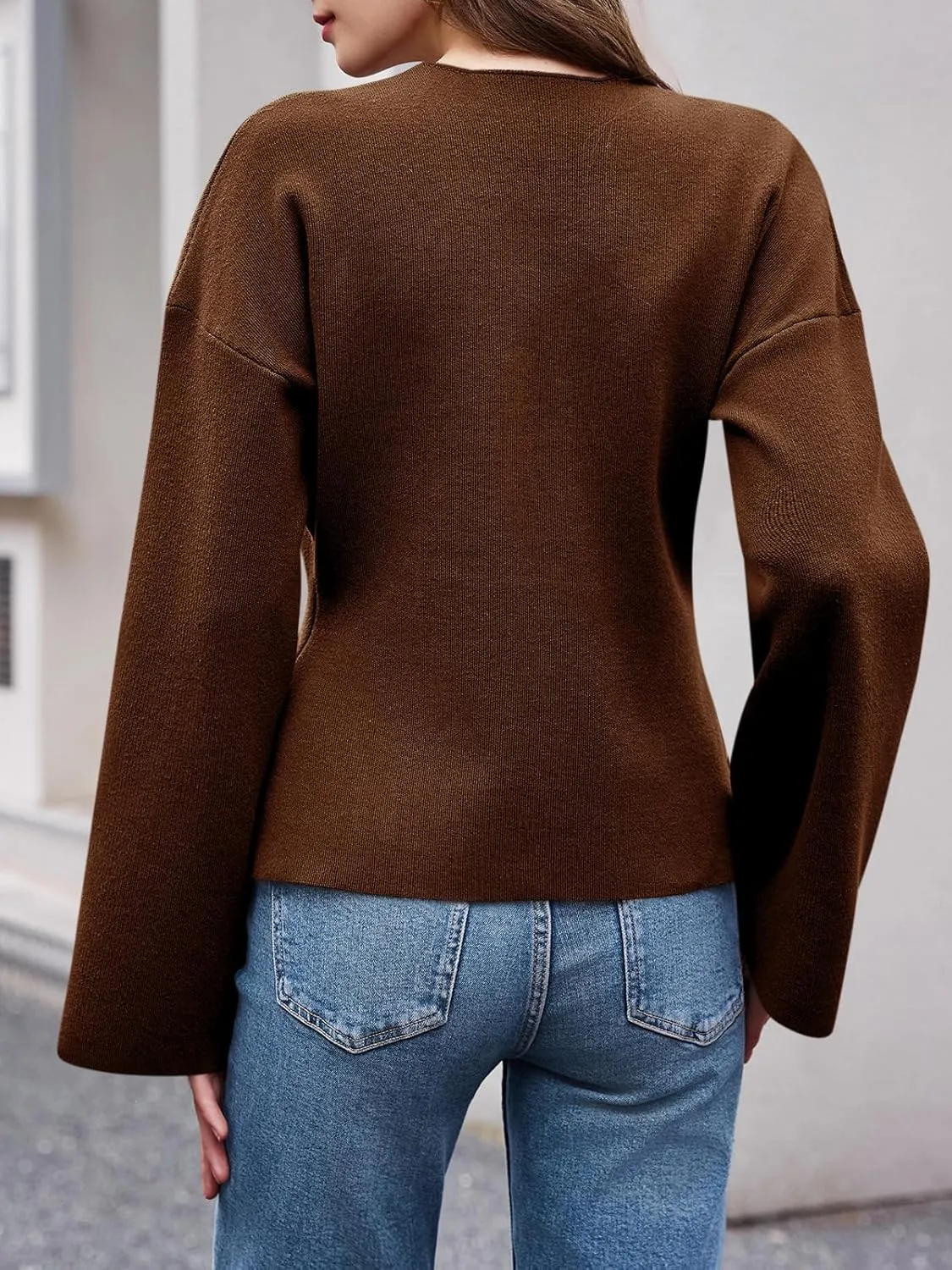 Saodimallsu Womens V Neck Cardigans Long Bell Sleeve Button Down Open Front Loose Knit Fall Sweater Blazer