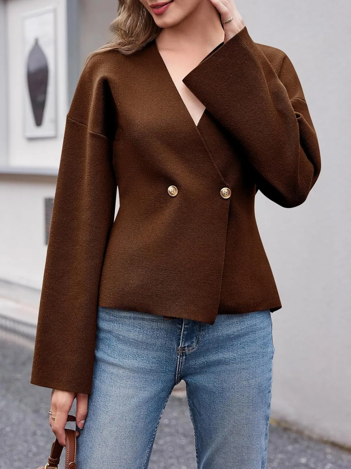 Saodimallsu Womens V Neck Cardigans Long Bell Sleeve Button Down Open Front Loose Knit Fall Sweater Blazer