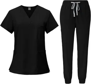 Scrubs for Women Short Sleeved V-Neck Workwear Solid Color Medical Uniform Top and Pants Quick Drying Set