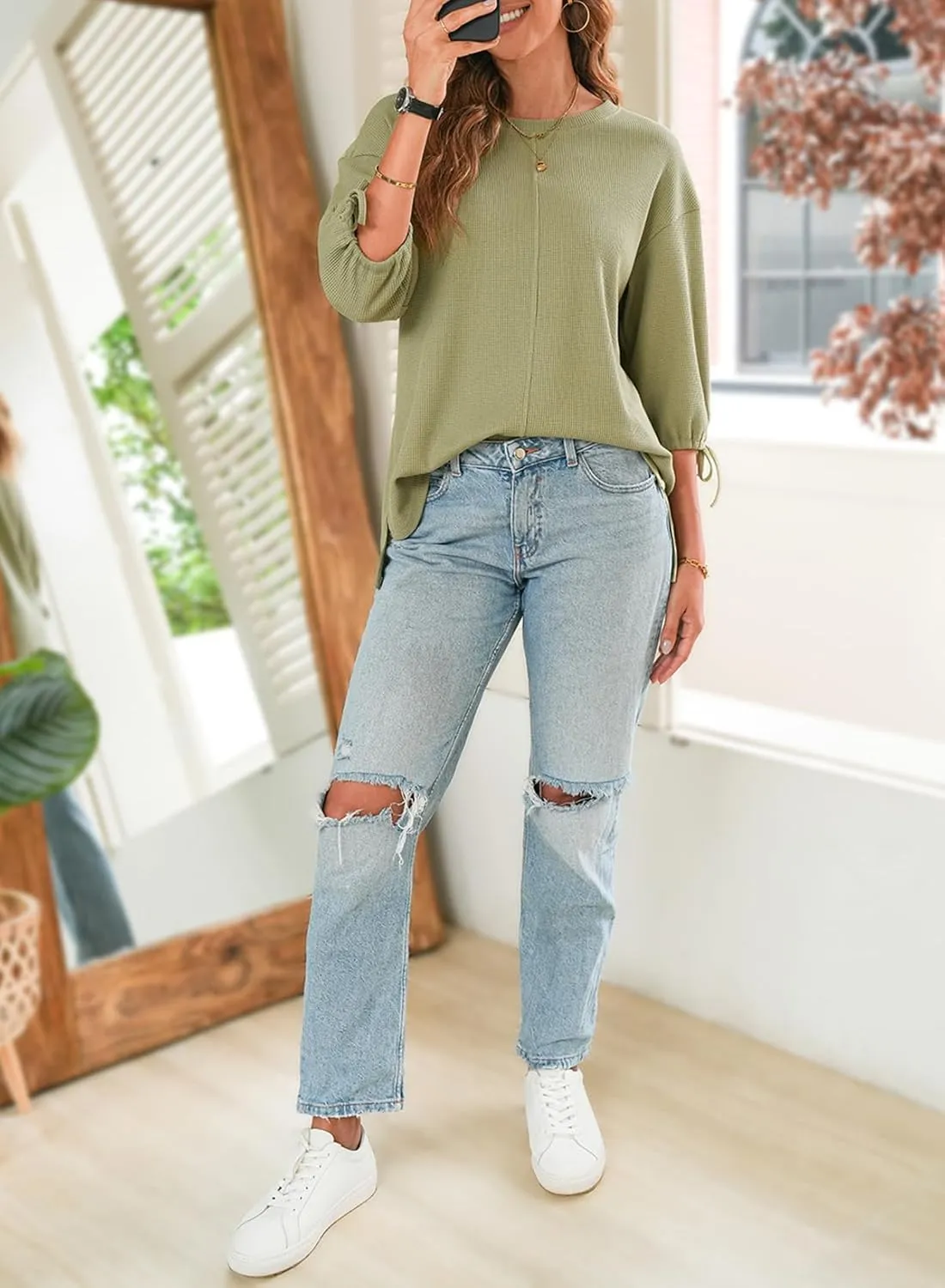 SHEWIN Women's 3/4 Length Sleeve Tunic Tops Loose Fit Casual Crewneck Waffle Knit T Shirts