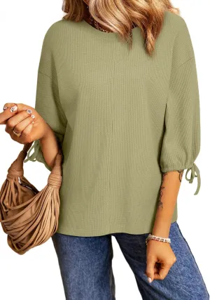 SHEWIN Women's 3/4 Length Sleeve Tunic Tops Loose Fit Casual Crewneck Waffle Knit T Shirts