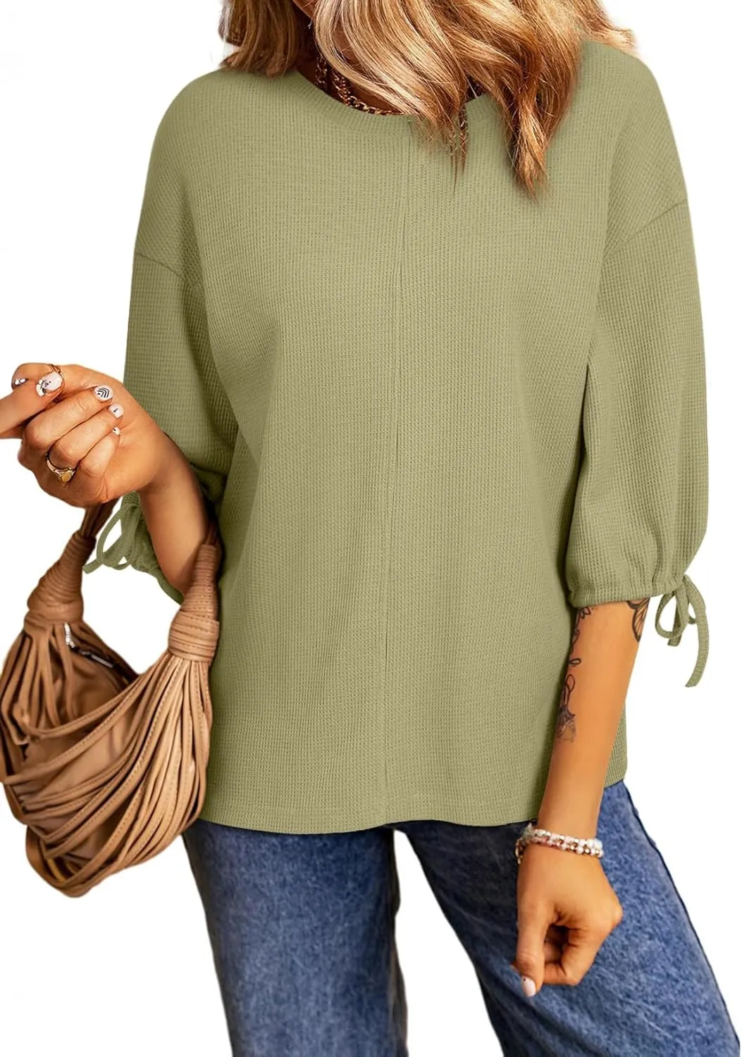 SHEWIN Women's 3/4 Length Sleeve Tunic Tops Loose Fit Casual Crewneck Waffle Knit T Shirts